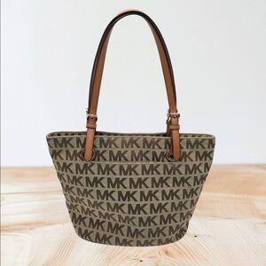 Michael Kors Signature Monogram Tote Handbag Shoulder Bag Brown Leather Trim